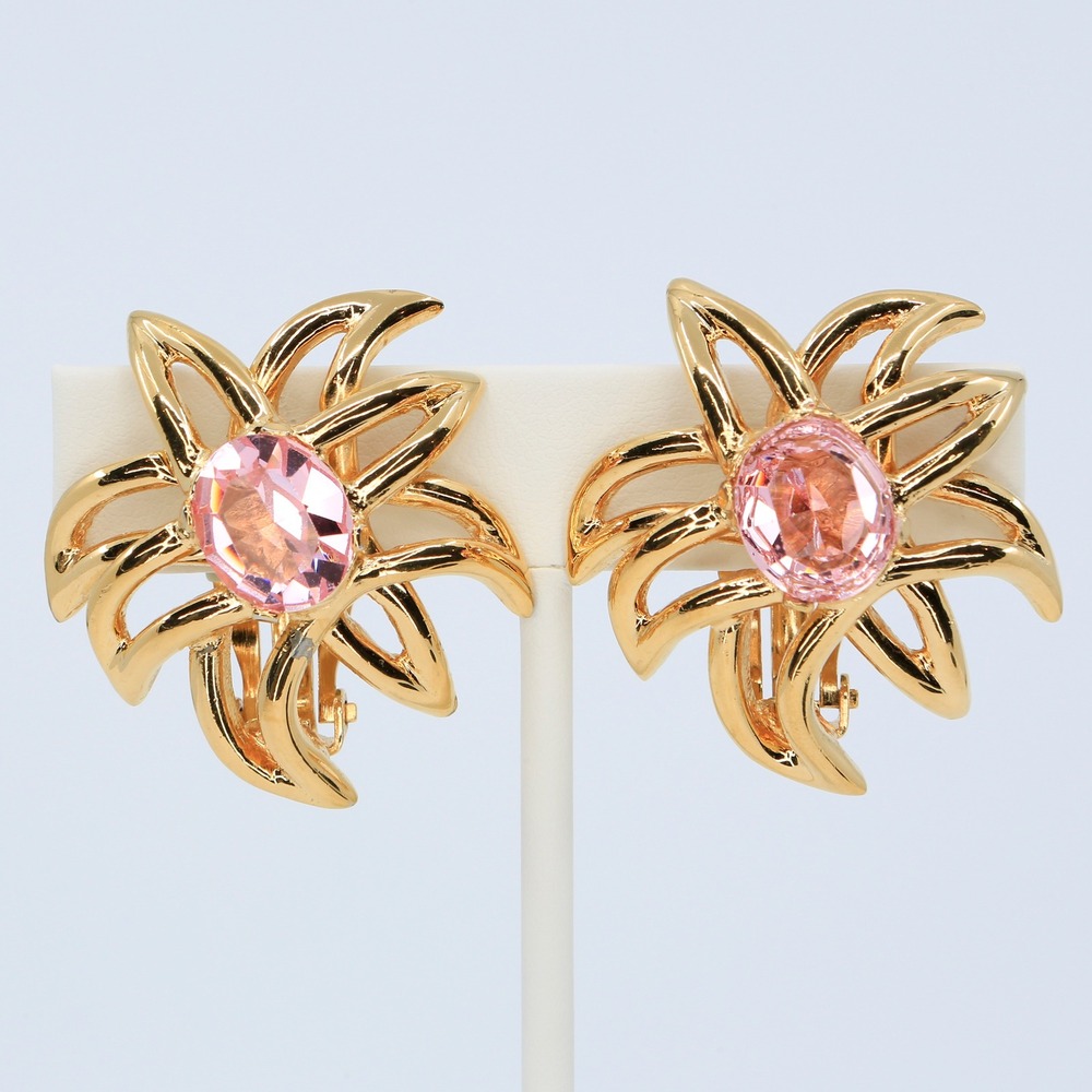 Vintage Ciner Pink Rhinestone Starburst Flower Gold Tone Clip Earrings 1980s